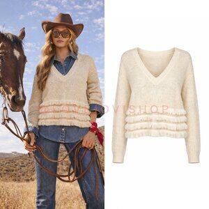 Western Luxe | Derek Lam for INTERMIX Cream Cotton/Silk Blend Sweater | Fringe